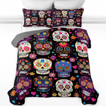 Shineful All Season Quilt 3-Piece Set Colorful Calaveras Skull