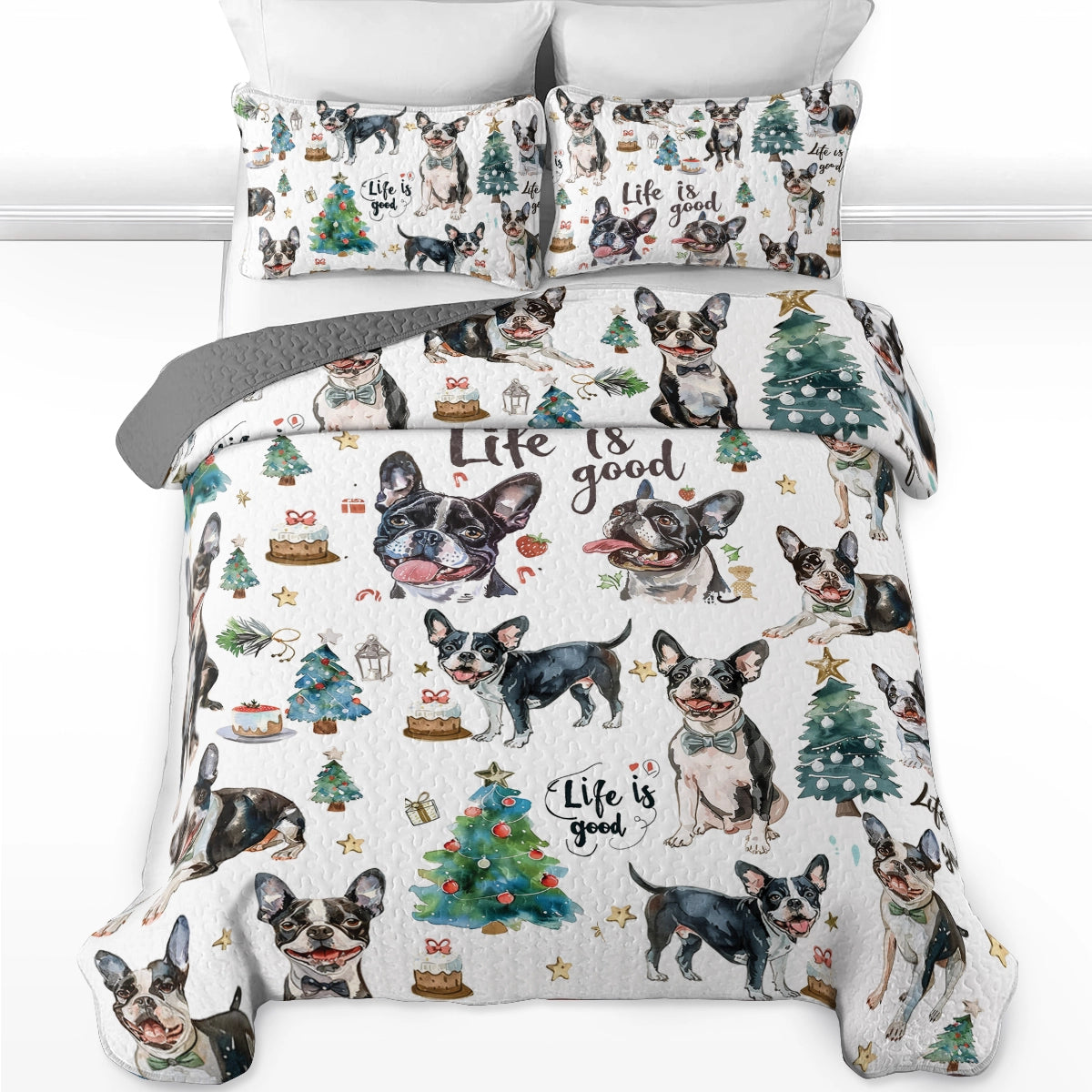 Shineful All Season Quilt 3-Piece Set Boston Terriers Holiday Hound