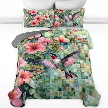 Shineful All Season Quilt 3-Piece Set Hibiscus Hummingbird