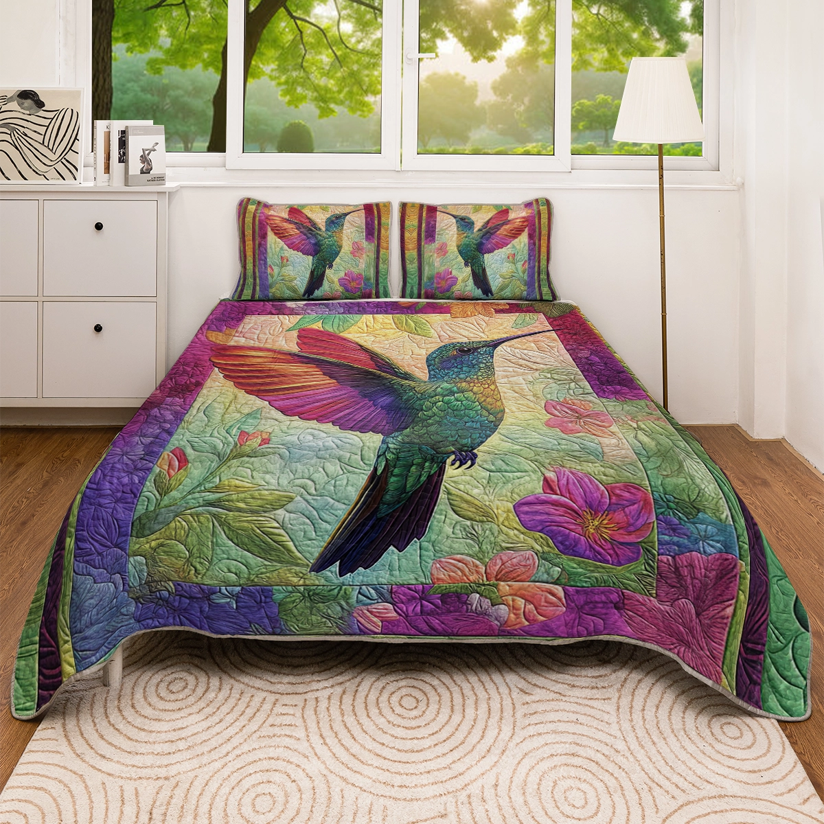 Shineful All Season Flat Print Quilt 3-Piece Set - Vibrant Mystic Hummingbird