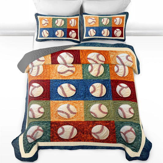 Shineful All Season Quilt 3-Piece Set Baseball Vintage Ballpark Patchwork