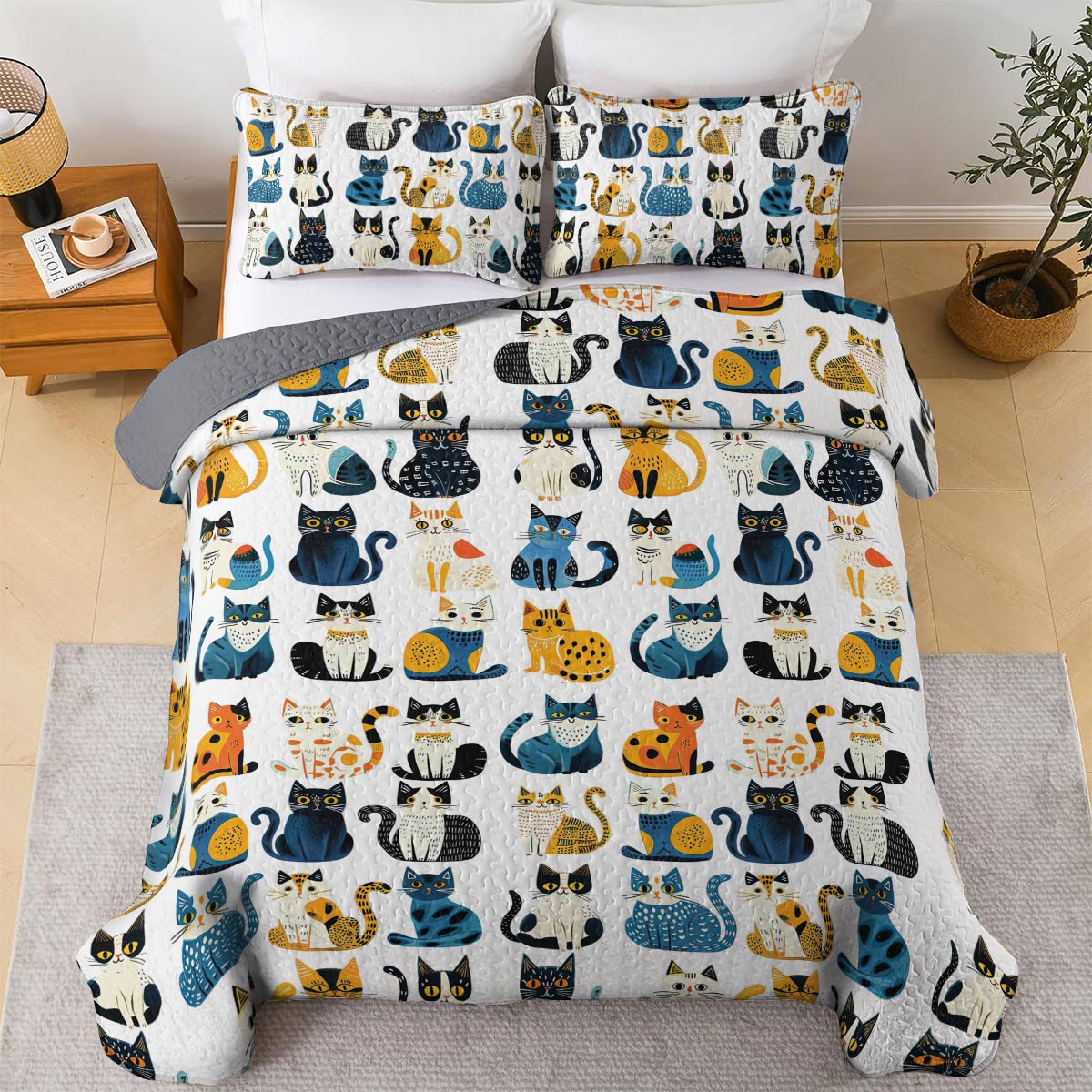 Shineful All Season Quilt 3-teiliges Set Blaues Katzenmuster