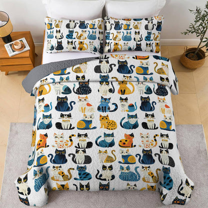 Shineful All Season Quilt 3-teiliges Set Blaues Katzenmuster