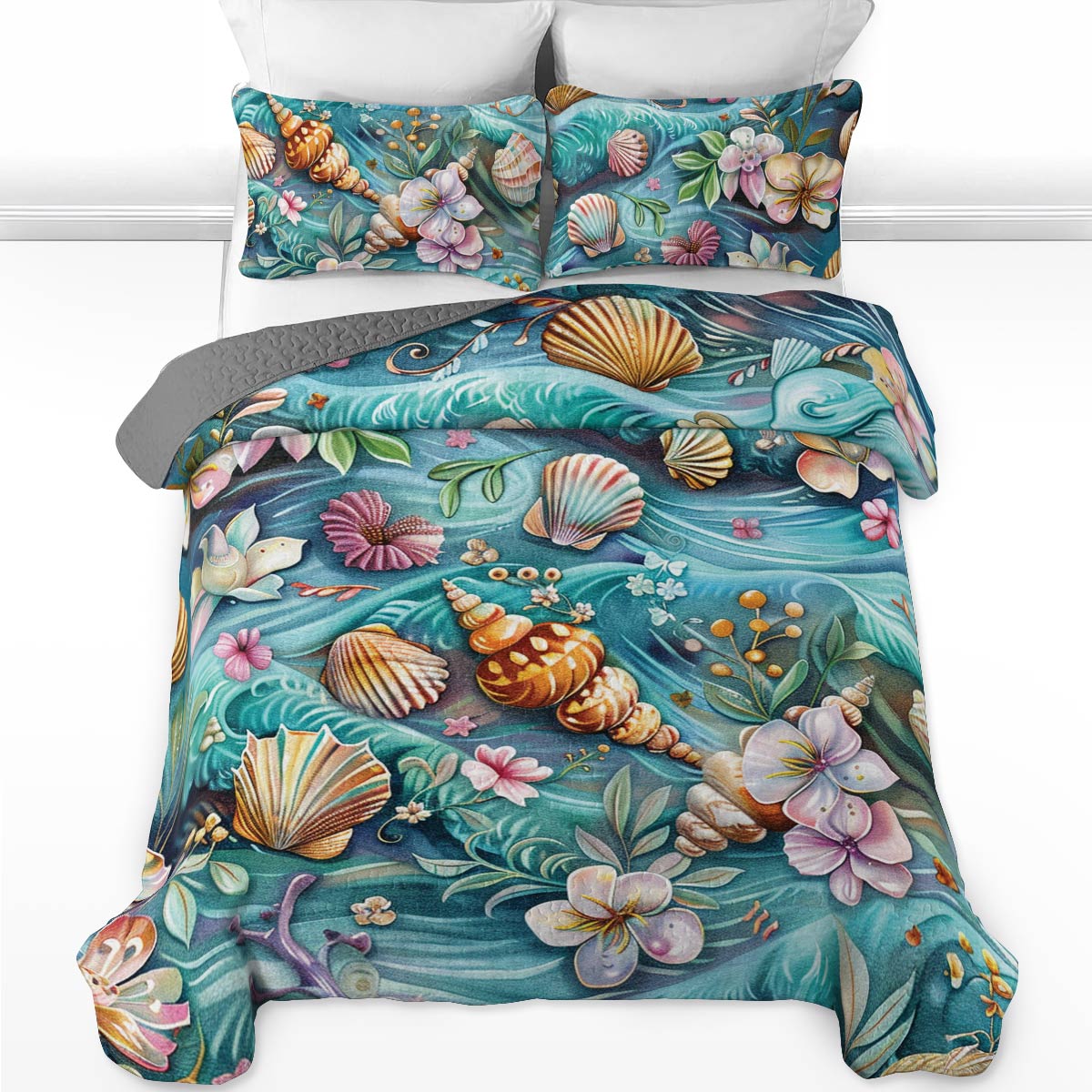 Shineful All Season Quilt 3-Piece Set SeaShell Flower