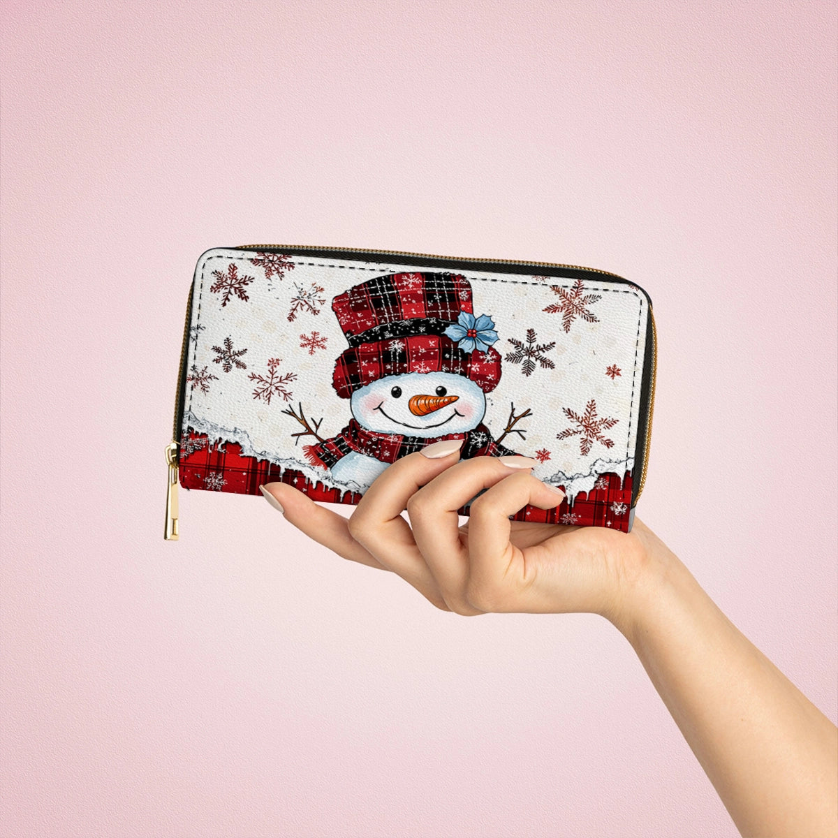 Glänzende Leder Clutch mit Trageriemen und Karomuster, Schneemann-Freude