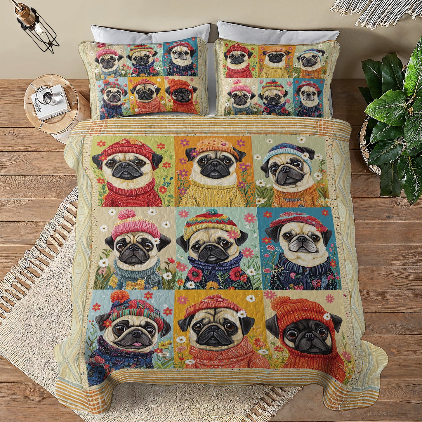 Shineful All Season Quilt 3-Piece Set Floral Pug Springtime