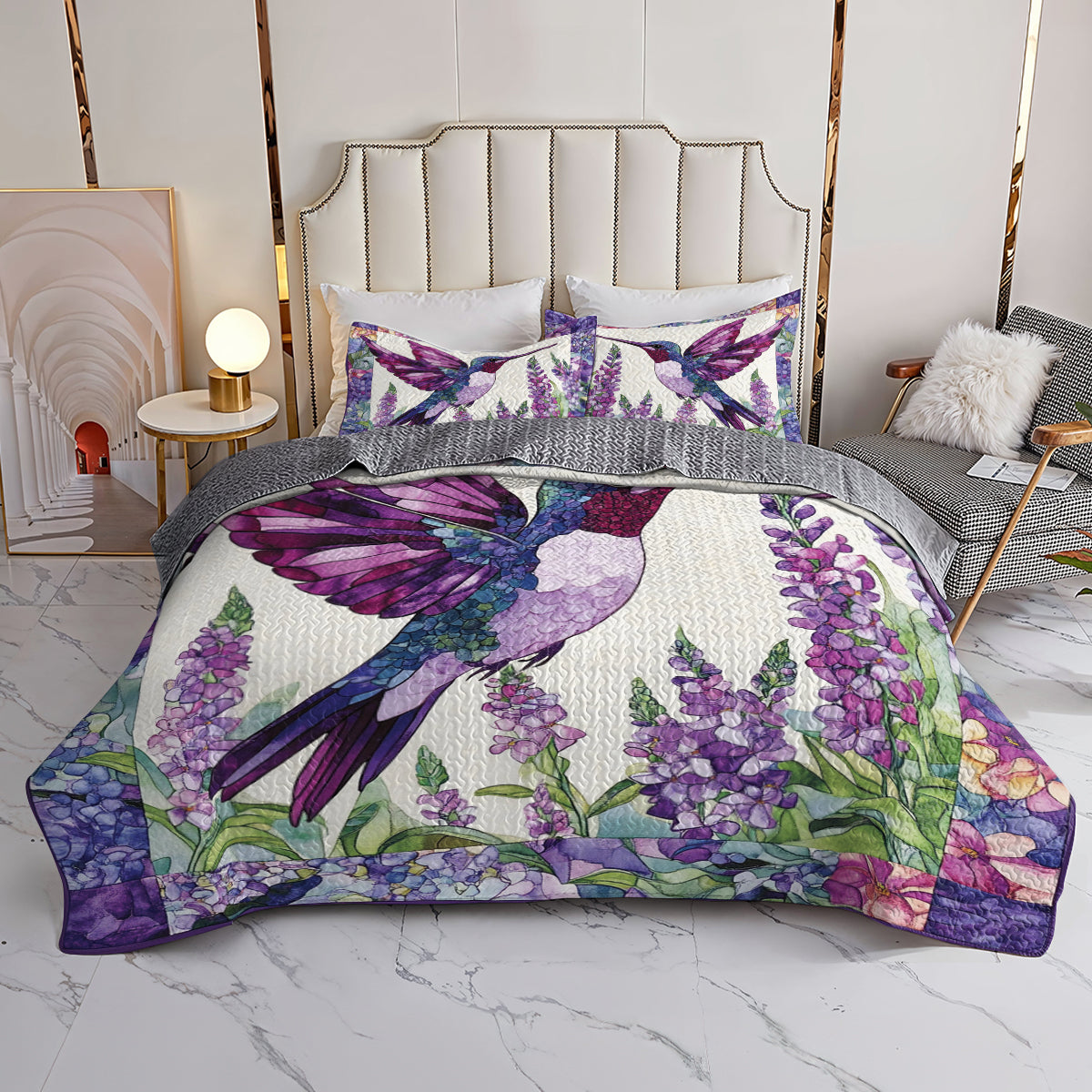 Shineful All Season Quilt 3-Piece Set Purple and Pink Hummingbird