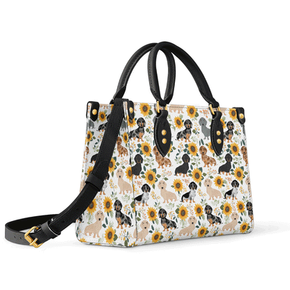 Glänzende Ledertasche Dackel &amp; Sonnenblumen