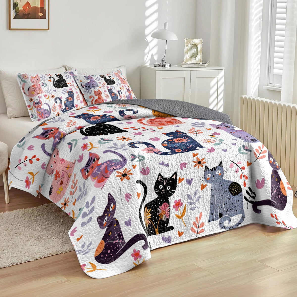 Shineful All Season Quilt 3-Piece Set Whimsical Cat Garden