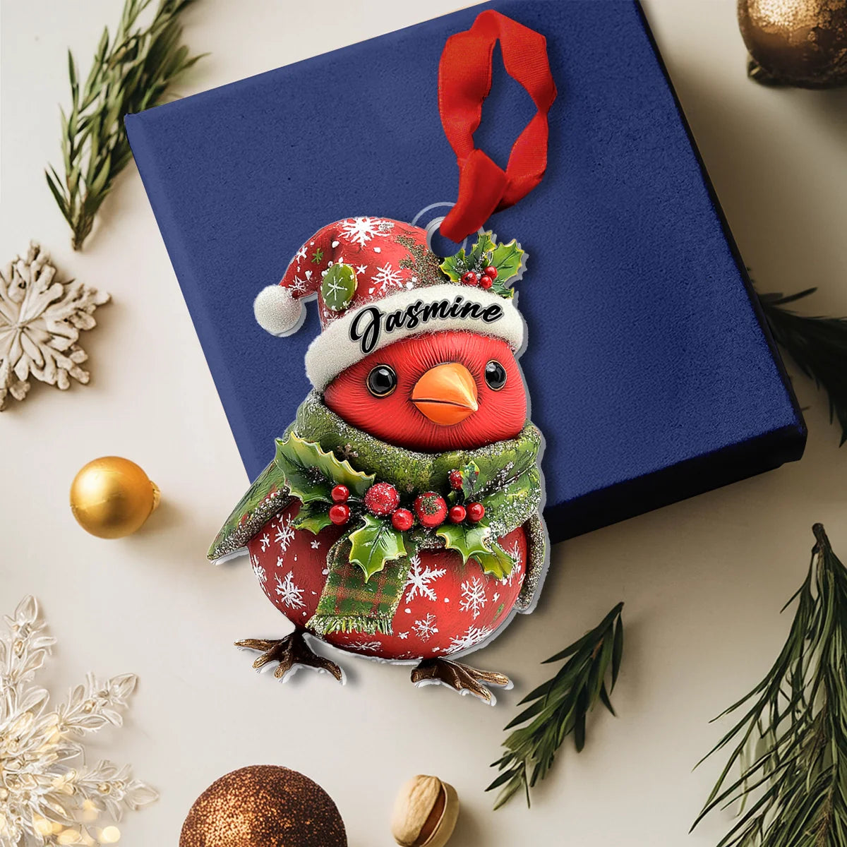 Glänzendes 2D-Ornament aus Acryl – personalisierter Jolly Little Cardinal Cheer 