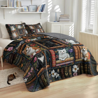 Shineful All Season Quilt 3-Piece Set - Library Cat Dreams