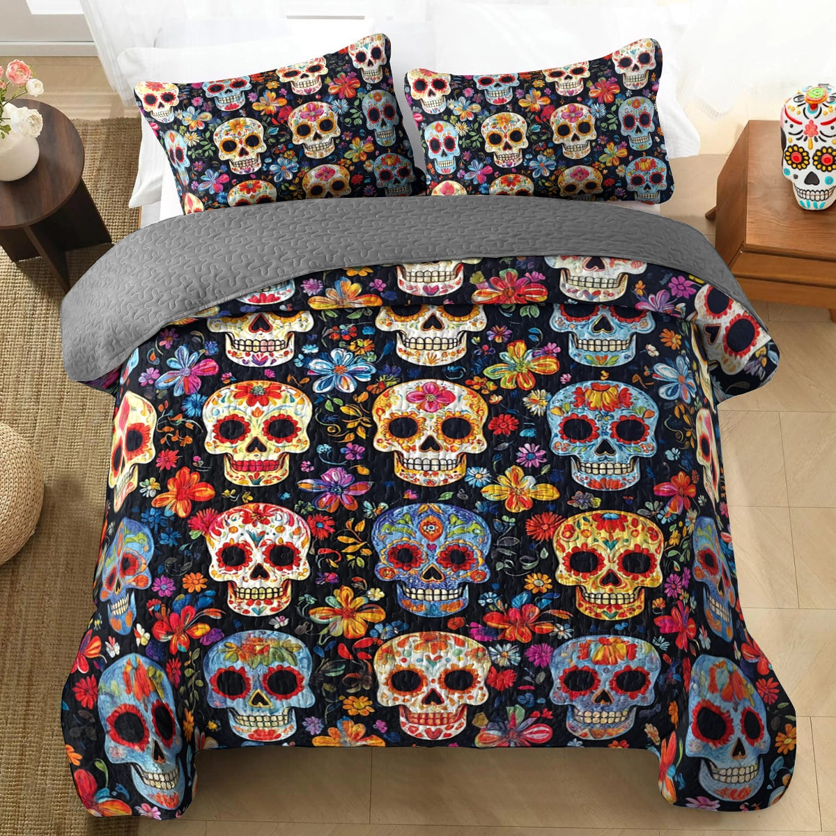 Shineful All Season Quilt 3-Piece Set - Colorful Skulls & Blooms