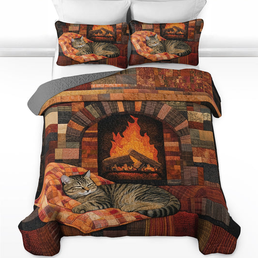 Shineful All Season Quilt 3-Piece Set Cozy Cat By The Fireplace