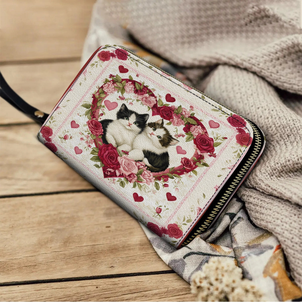 Shineful Leather Clutch Purse With Wristlet Strap Handle Kitten Love Blossom