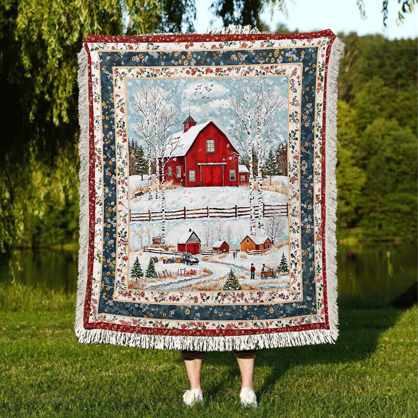 Shineful Woven Tapestry Throw Blanket - Red Barn Christmas