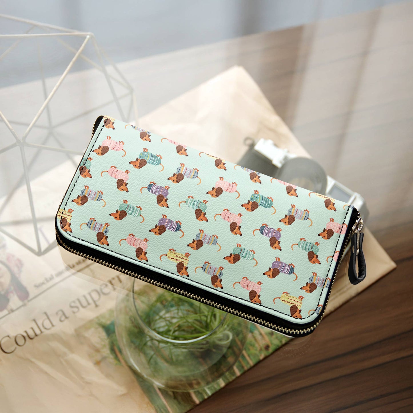 Shineful Leather Clutch Purse With Wristlet Strap Handle Colorful Dachshunds Ver2