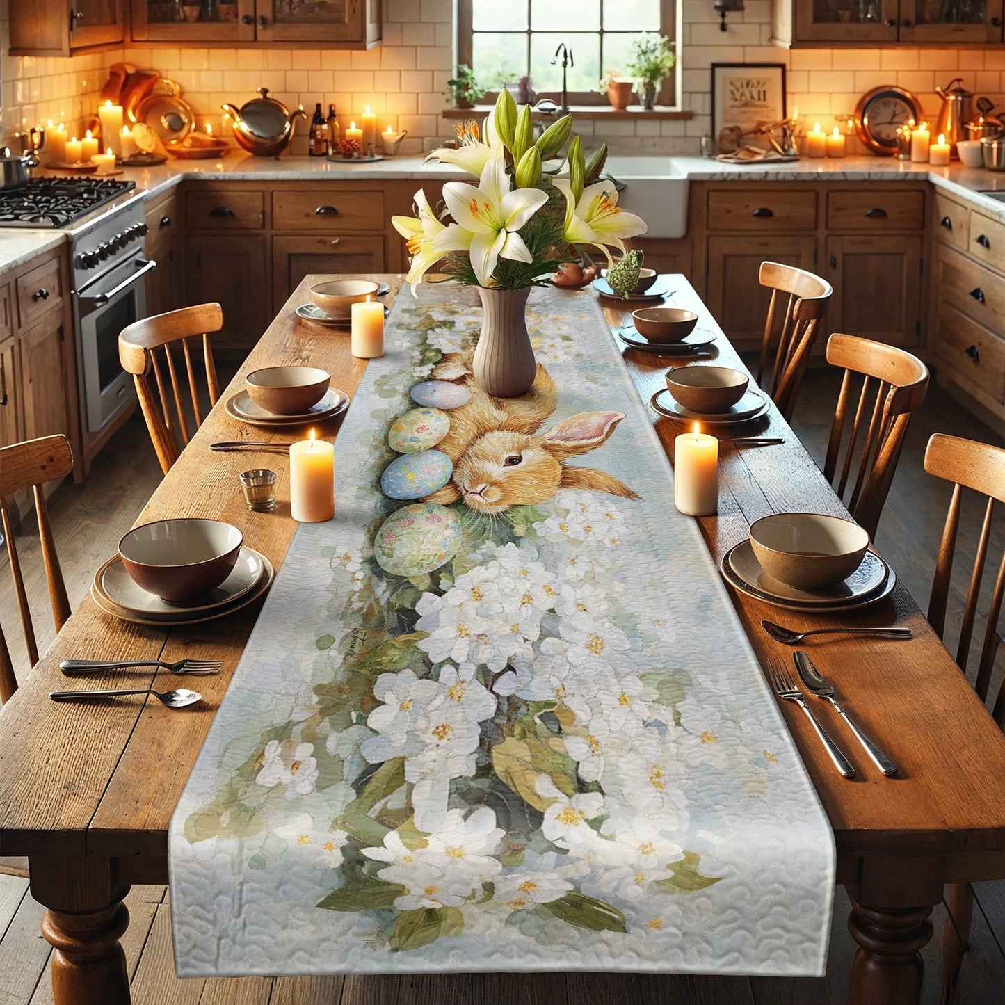 Shineful 2D Flat Print Quilted Table Runner Easter Blossoms Glory