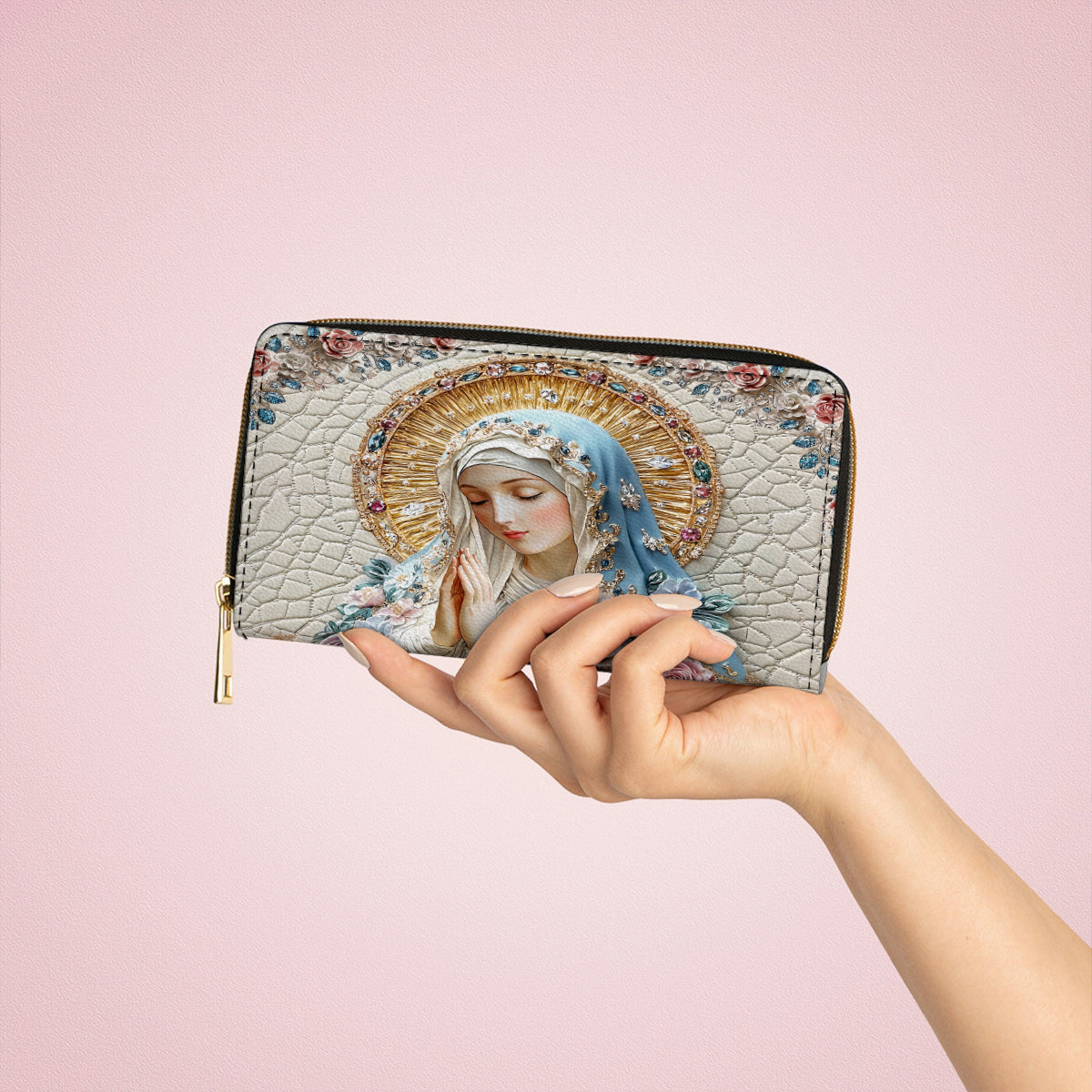 Shineful Leather Clutch Purse With Wristlet Strap Handle Divine Elegance Virgin Mary