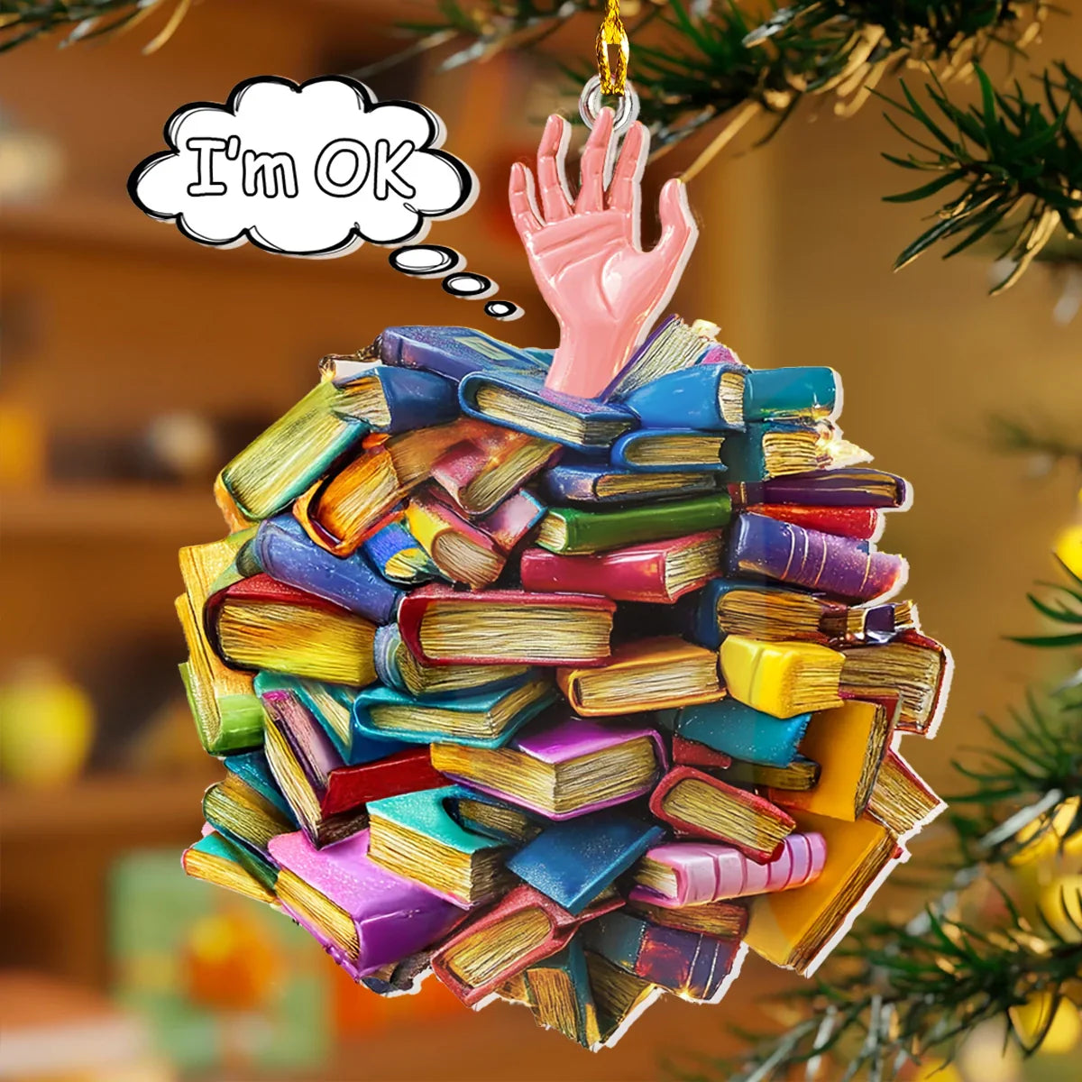 Glänzendes 2D-Acryl-Ornament „I'm OK“ – Bücherstapel