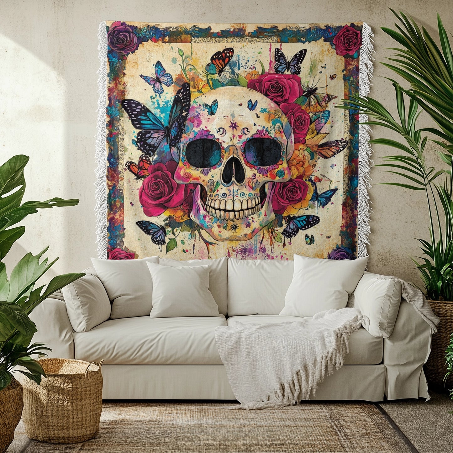 Shineful Woven Tapestry Throw Blanket Butterfly Skull