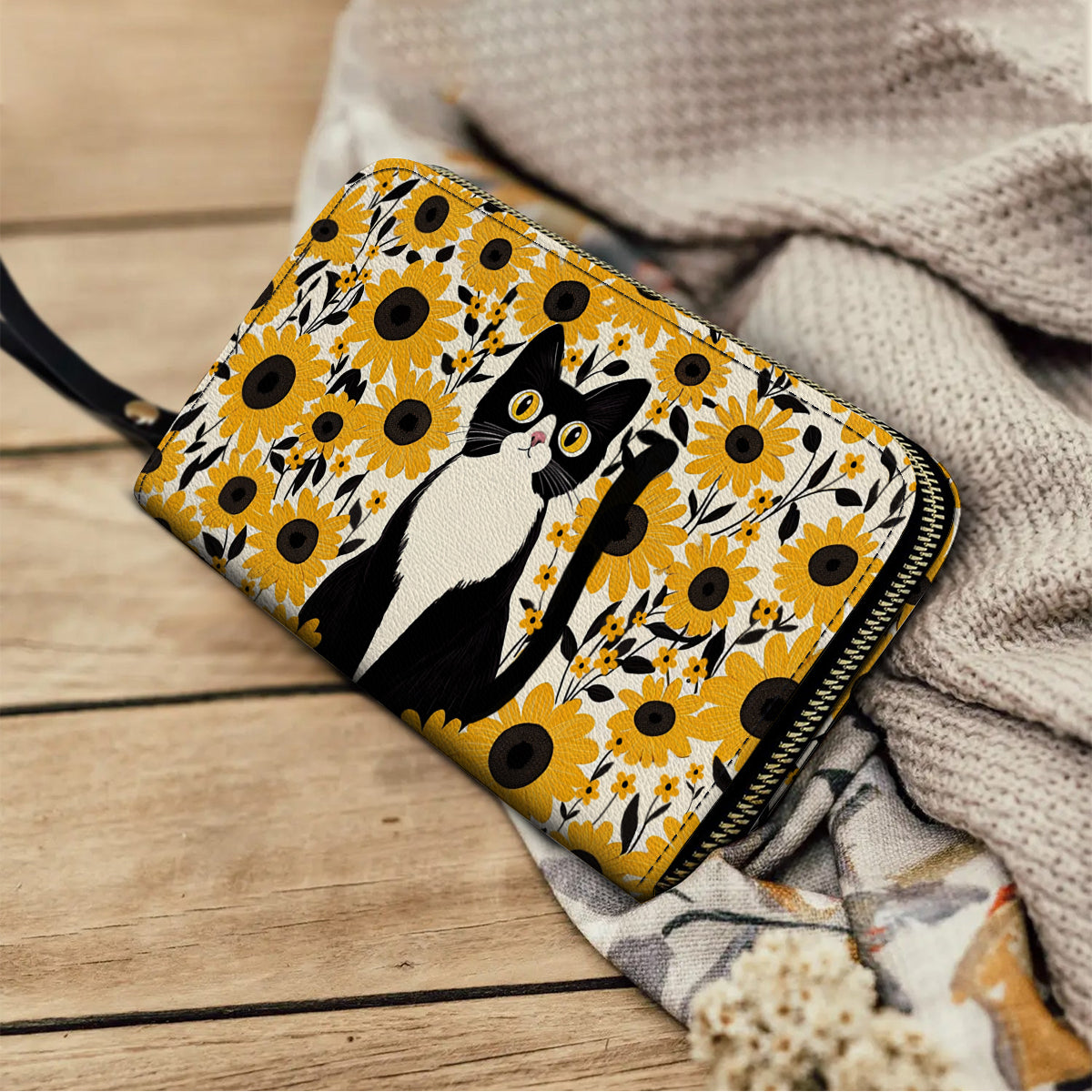 Shineful Leather Clutch Purse With Wristlet Strap Handle Shineful Leather Bag Cat In Sunflower Garden