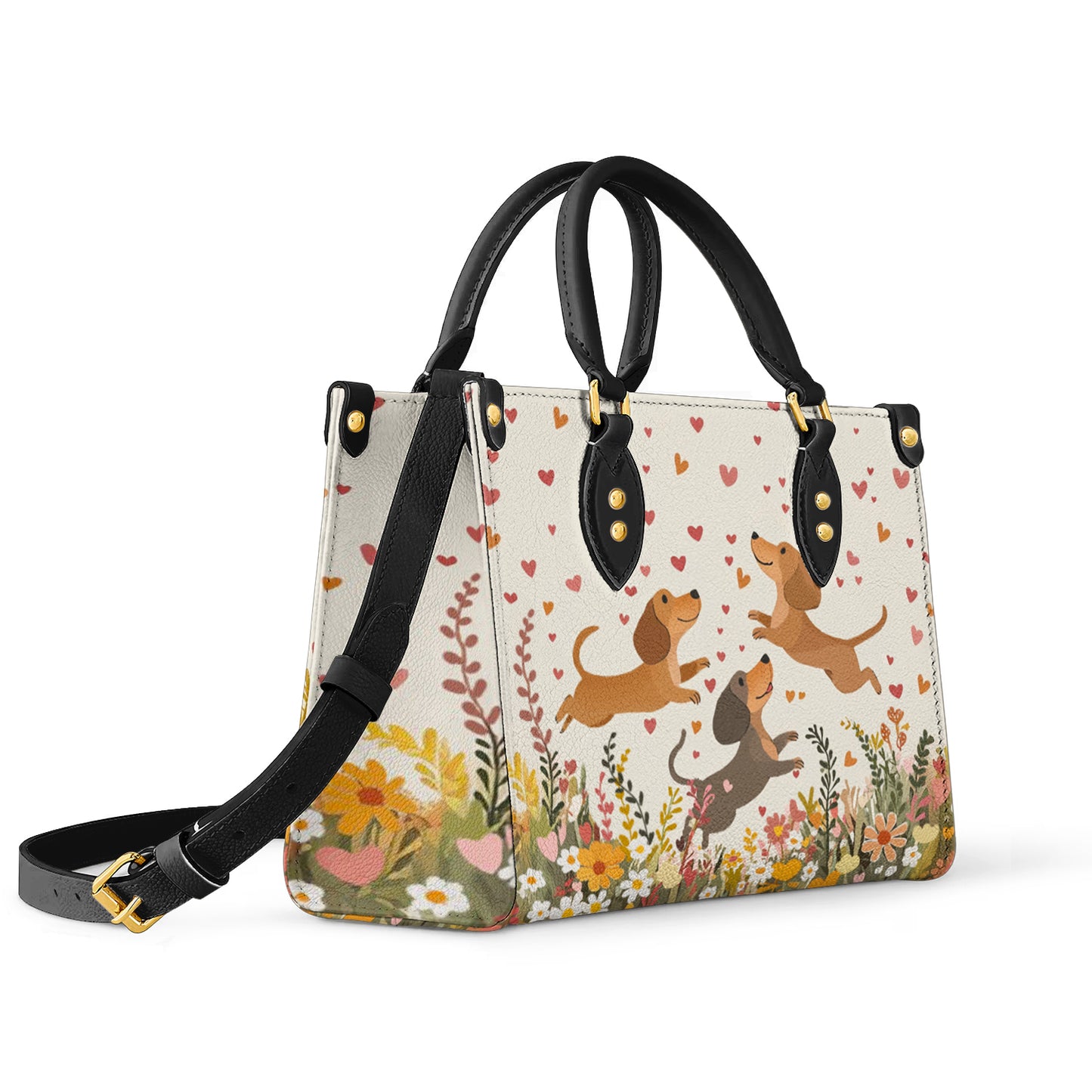 Sac en cuir brillant motif teckel floral avec cœur