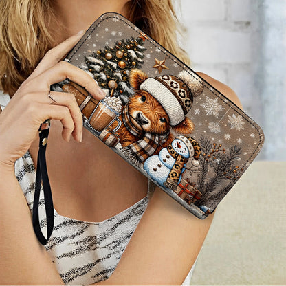 Shineful Leather Clutch Purse With Wristlet Strap Handle Cozy Cow Winter Wonderland Edition