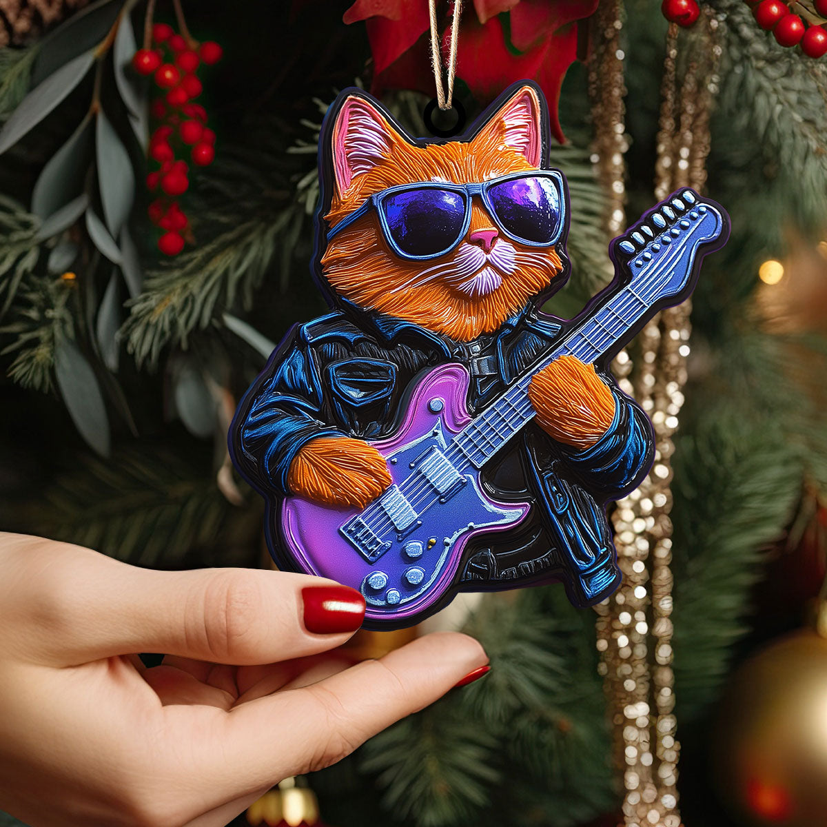 Ornement en acrylique 2D brillant – Rockin' Meowsician 