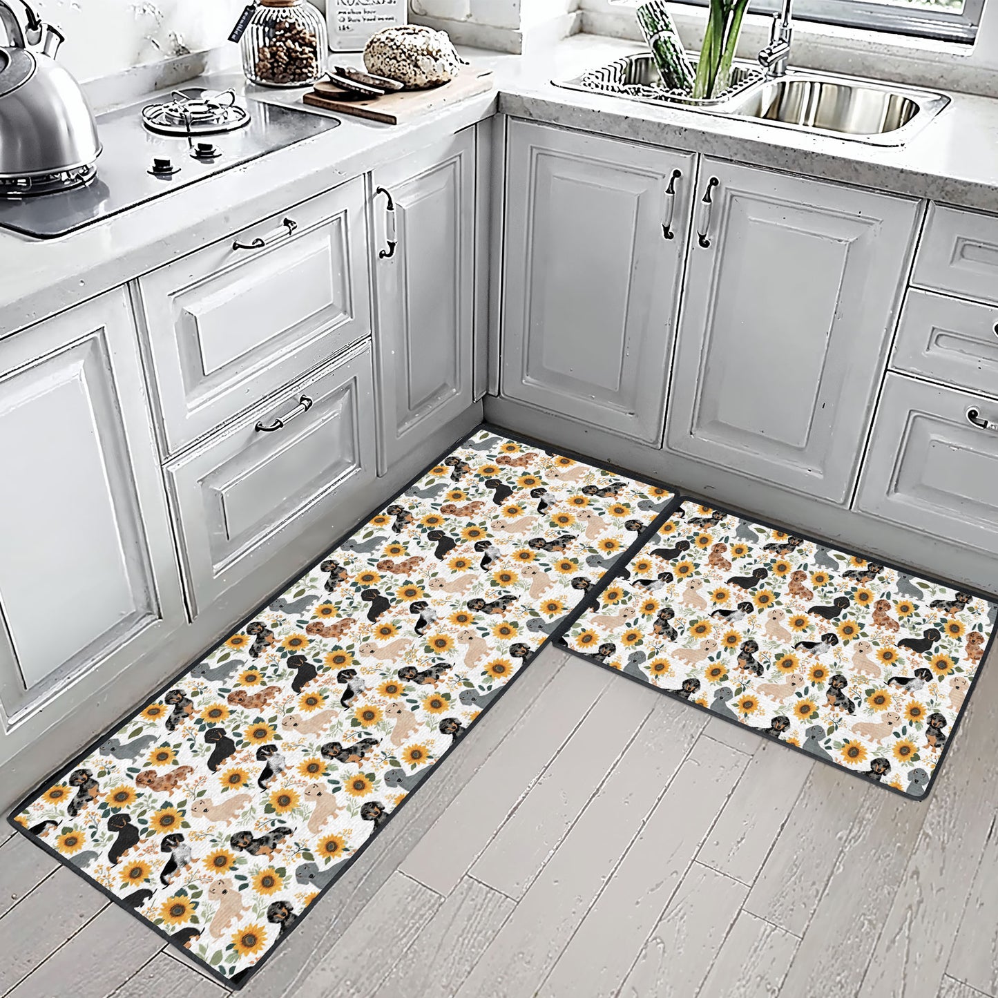 Shineful Ultra-Thin Non Skid Floor Mat, Kitchen Rugs Dachshunds & Sunflowers