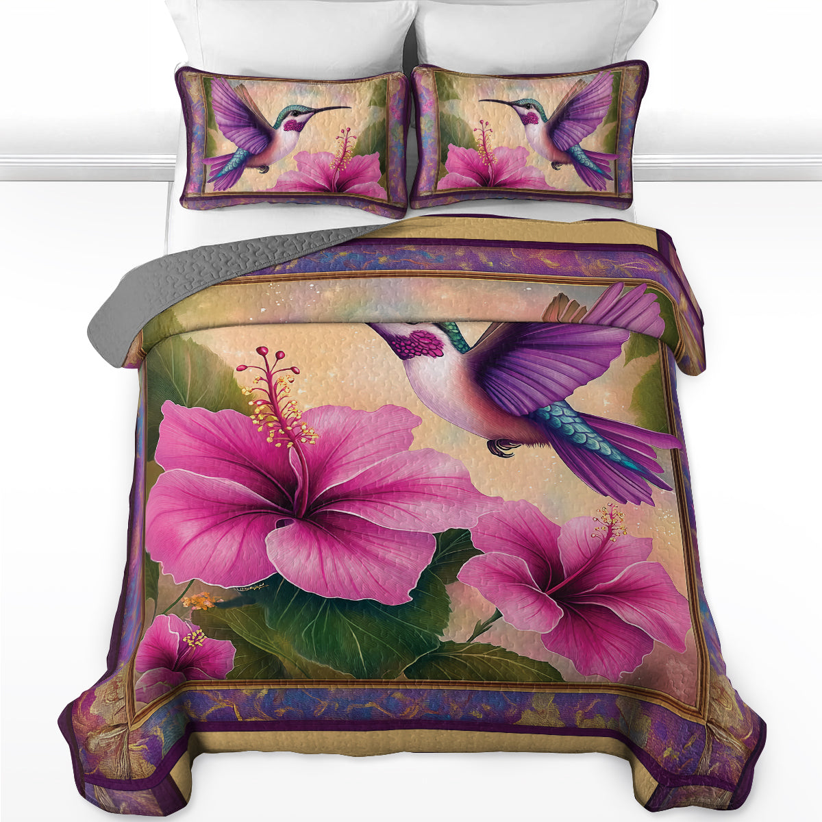 Shineful All Season Quilt 3-Piece Set - Whispers of Nature: Hummingbird & Hibiscus