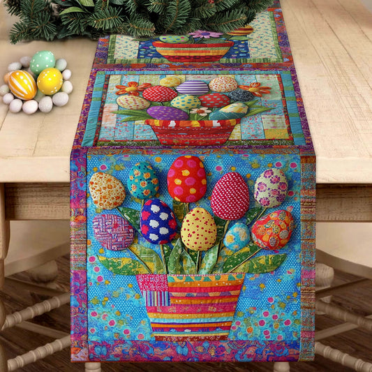 Shineful 2D Flat Print Quilted Table Runner Vibrant Easter Eggs Basket