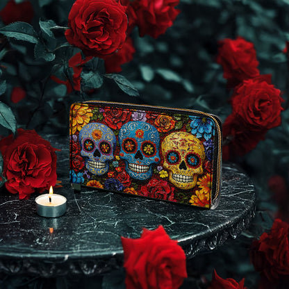 Shineful Leather Clutch Purse With Wristlet Strap Handle Floral Sugar Skull