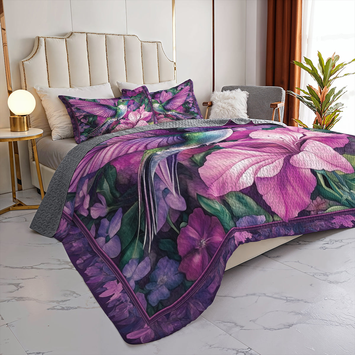 Shineful All Season Quilt 3-Piece Set Purple Hummingbird & Floral