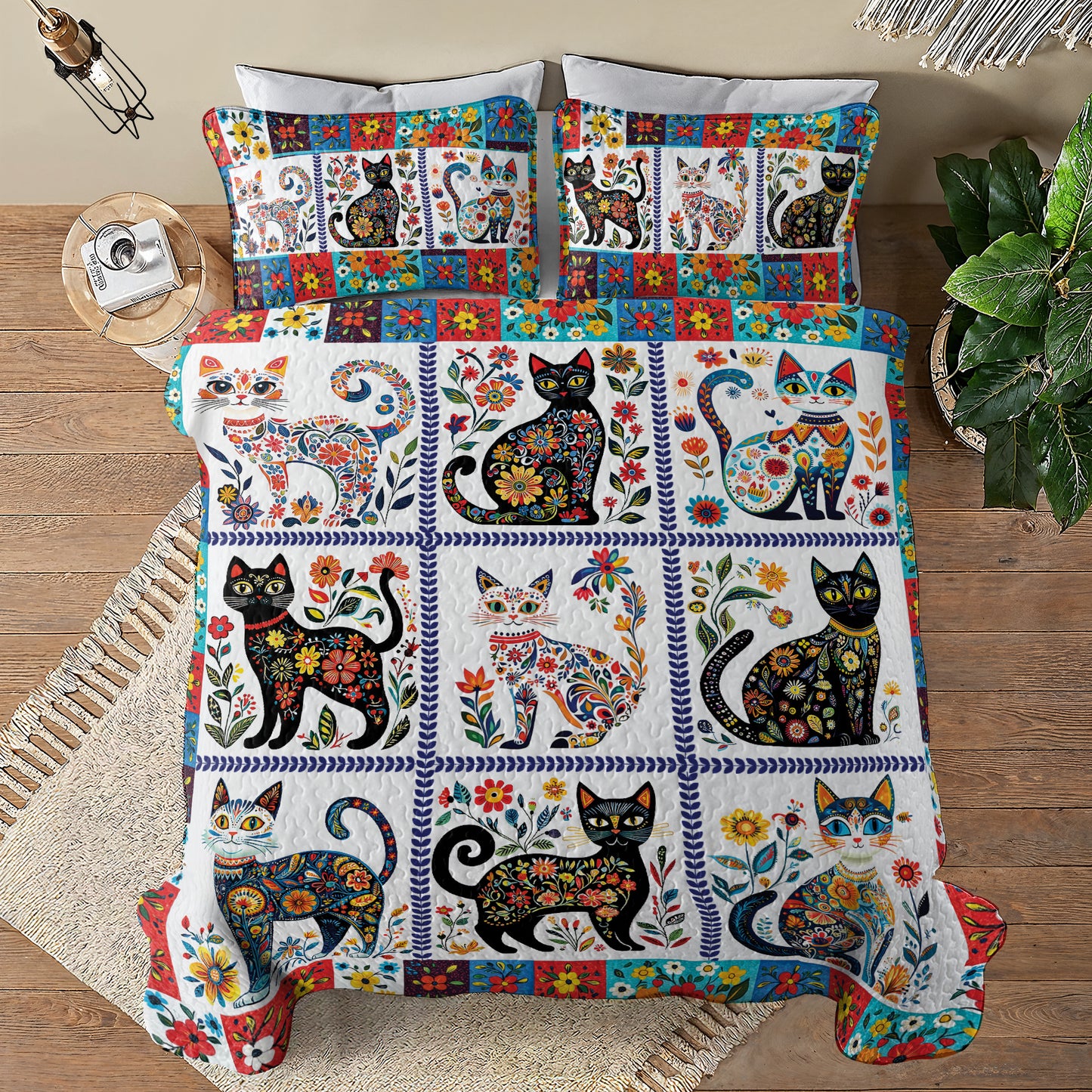 Glänzendes 3-teiliges Quilt-Set für alle Jahreszeiten – Folk Art Feline Quilt