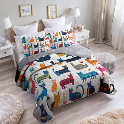 Shineful All Season Quilt 3-Piece Set - Colorful Cats Wonderland