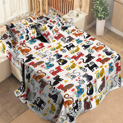 Shineful 4-Piece Bed Sheet Set Cute Whimsical Cat