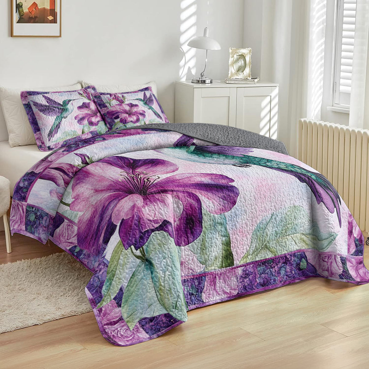 Shineful All Season Quilt 3-Piece Set Green Hummingbird & Purple Floral