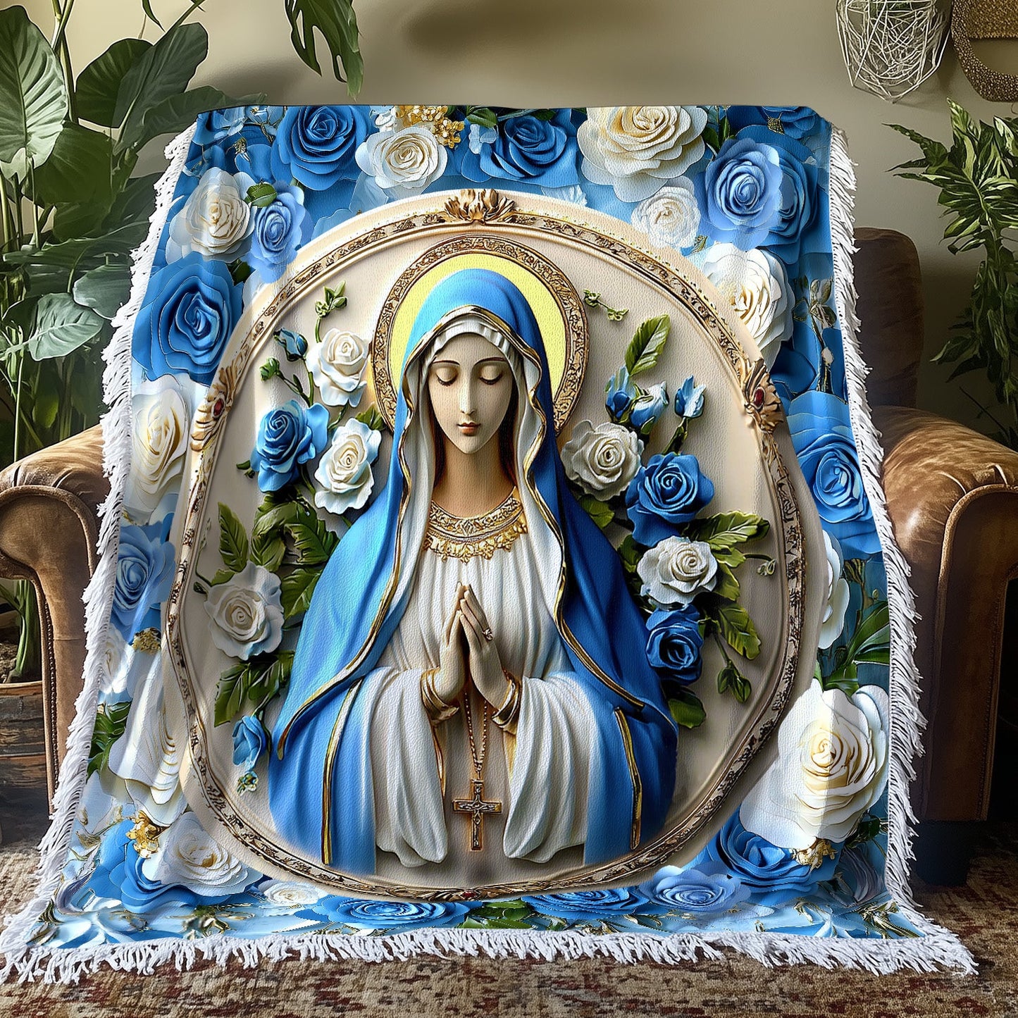 Shineful Woven Tapestry Throw Blanket - Peaceful Virgin Mary Roses