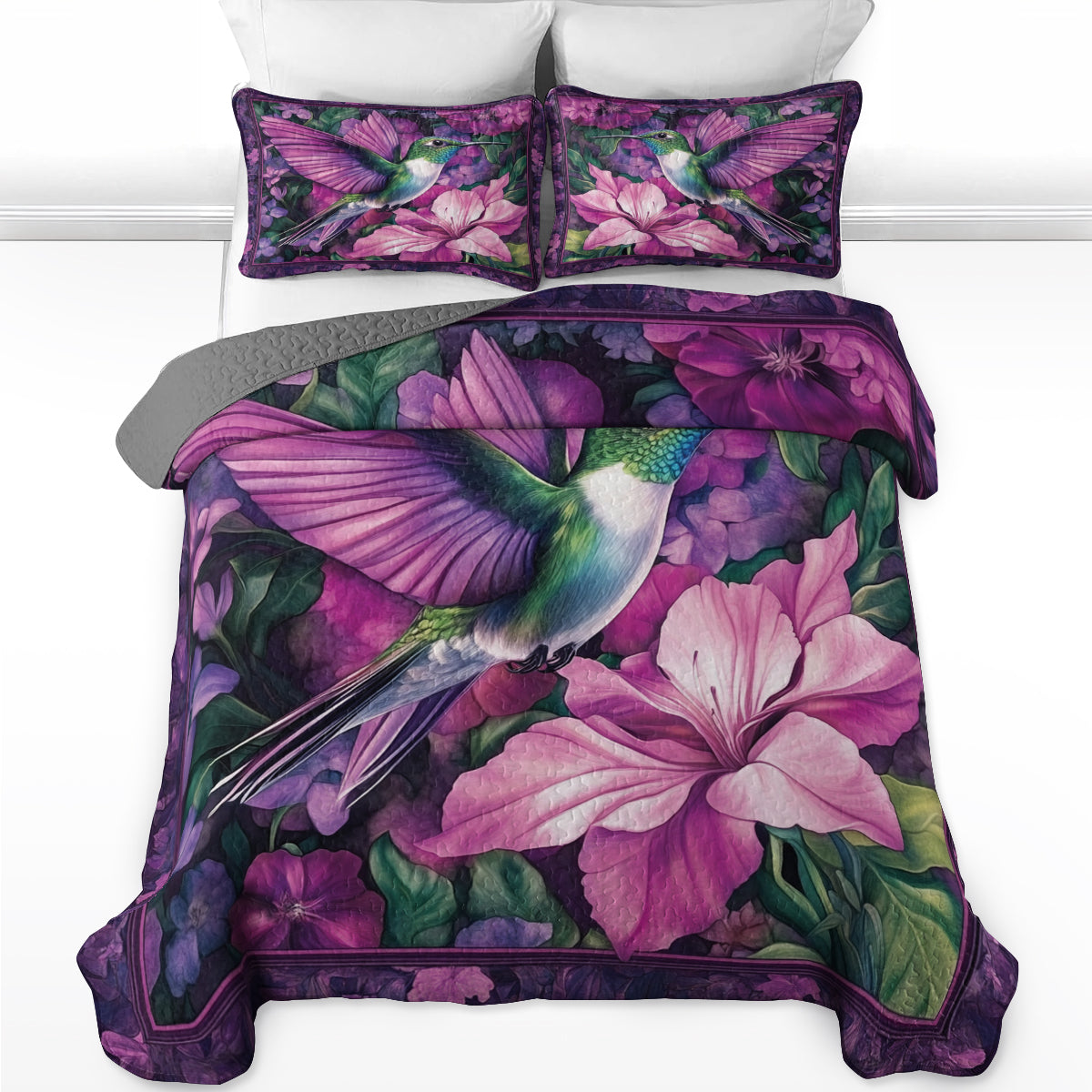 Shineful All Season Quilt 3-Piece Set Purple Hummingbird & Floral