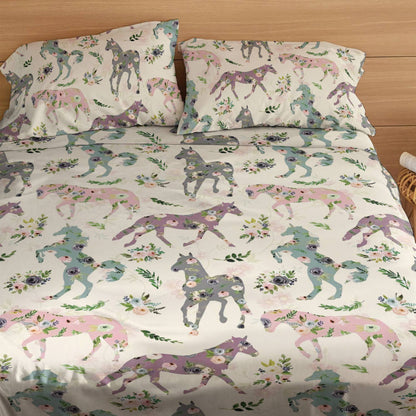 Shineful 4-Piece Bed Sheet Set Floral Horses