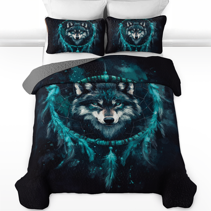 Shineful All Season Quilt 3-Piece Set - Navy Night Wolf Dreamcatcher