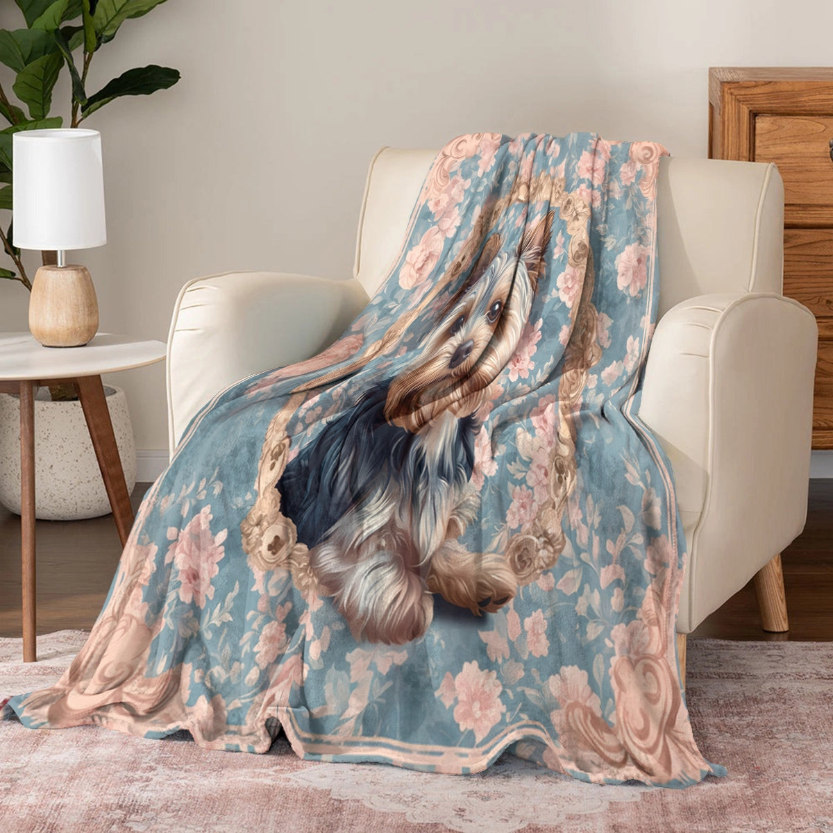 Shineful Fleece Blanket Yorkie Blossom Elegance