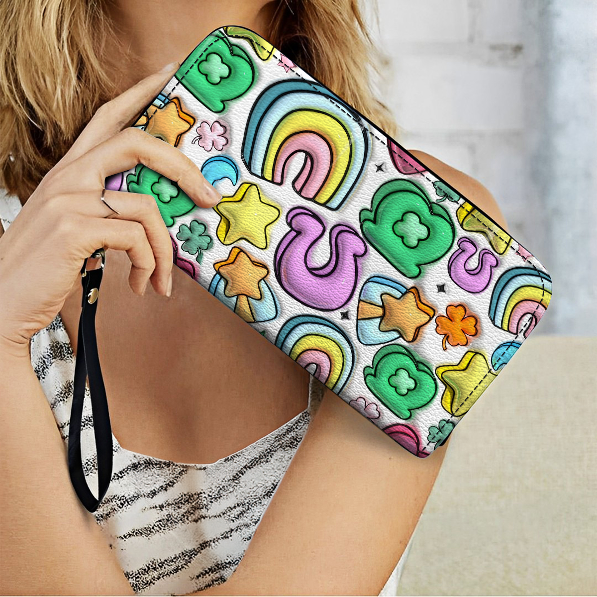 Shineful Leather Clutch Purse With Wristlet Strap Handle Lucky Charms