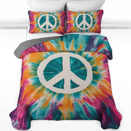 Shineful All Season Quilt 3-Piece Set - Peace Sign Tie-Dye