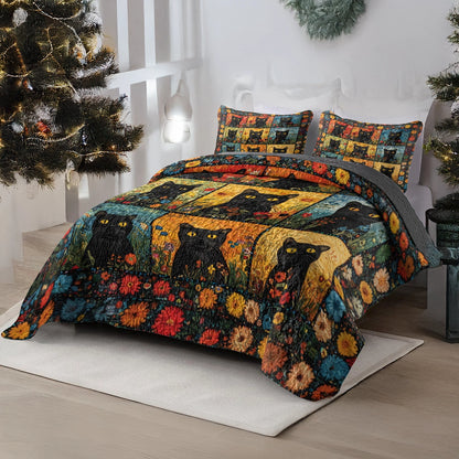 Shineful All Season Quilt 3-Piece Set - Midnight Garden Cat