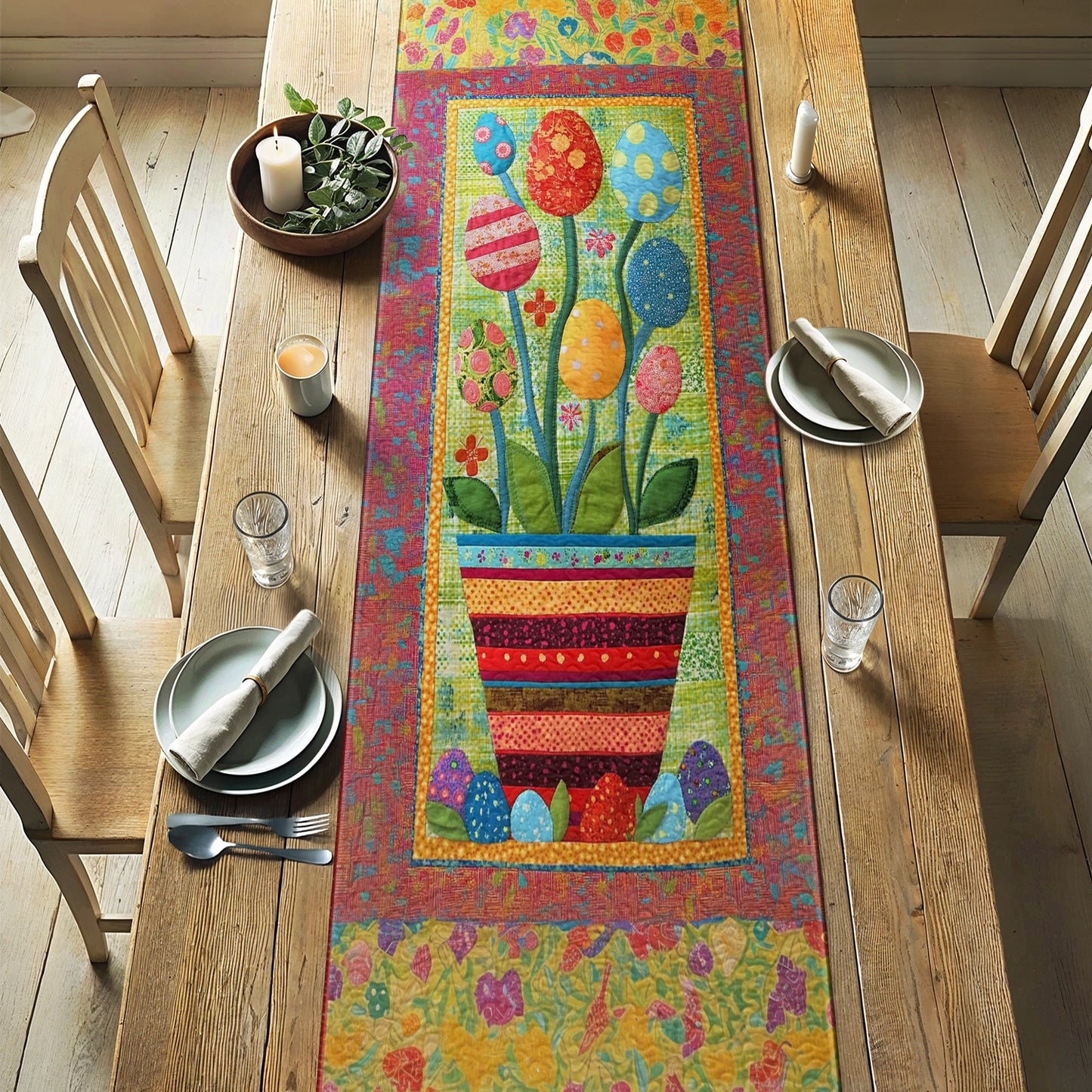 Shineful 2D Flat Print Quilted Table Runner Easter Eggs Blooming