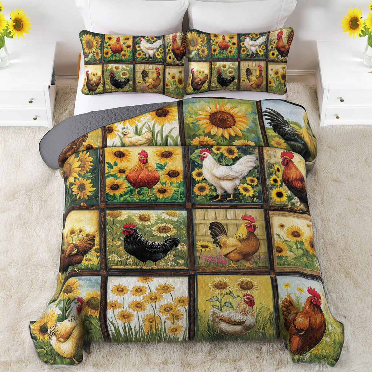 Shineful All Season Quilt 3-Piece Set Sunny Field Chicken