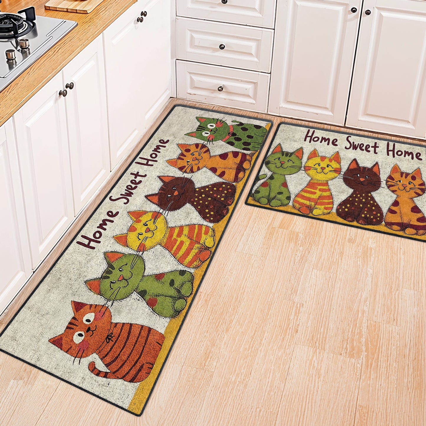 Shineful Ultra-Thin Non Skid Floor Mat, Kitchen Rugs Cozy Cat Crew