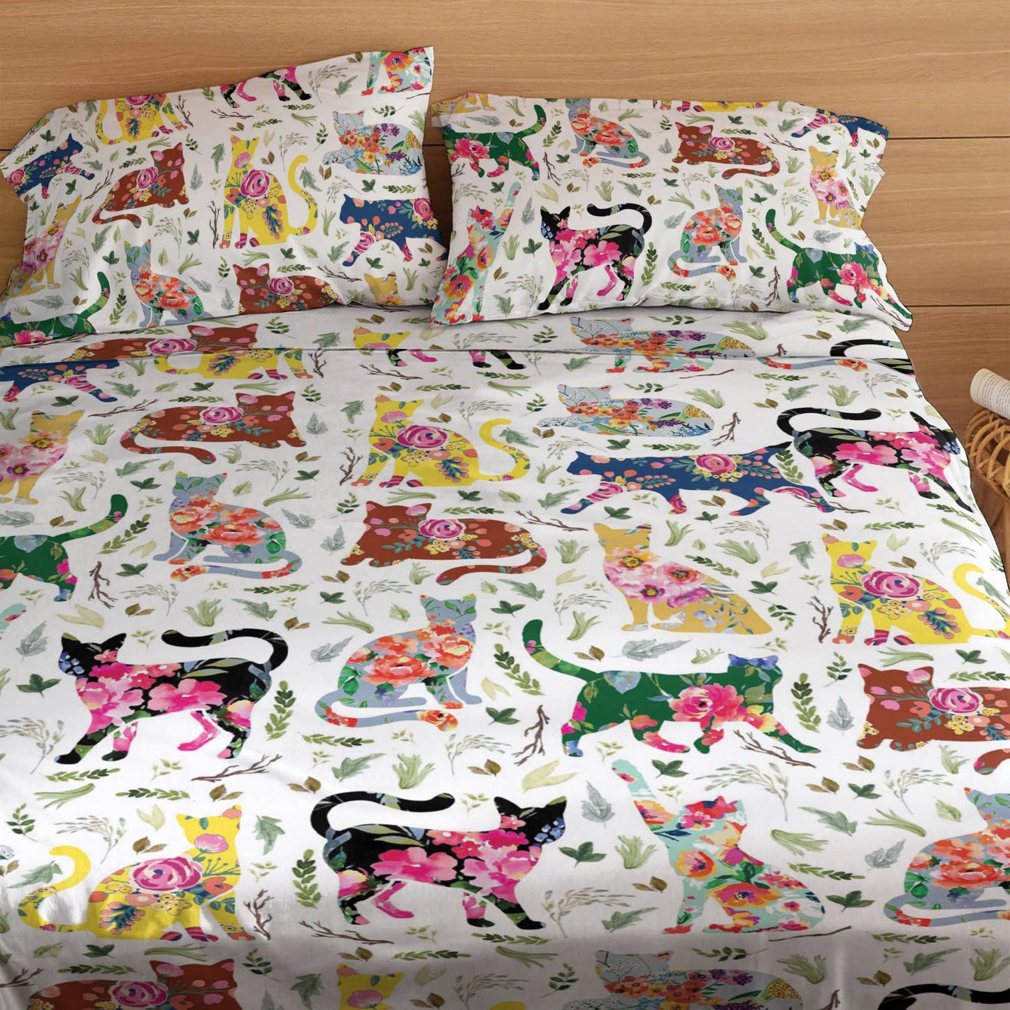 Shineful 4-Piece Bed Sheet Set Cat Flower