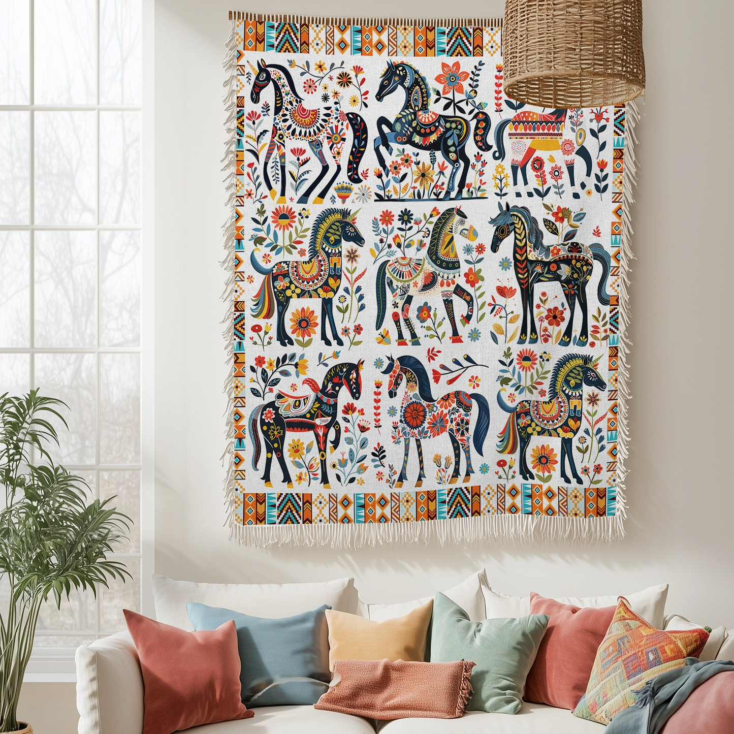 Shineful Woven Tapestry Throw Blanket - Horse Floral Pattern